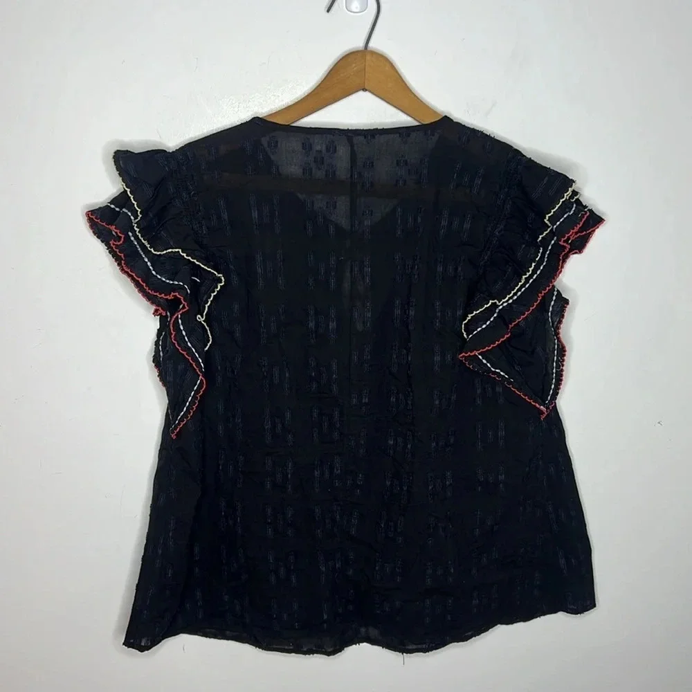 ACOS&A Black Ruffle Sleeve Boho Blouse Tassel Tie Textured Top M